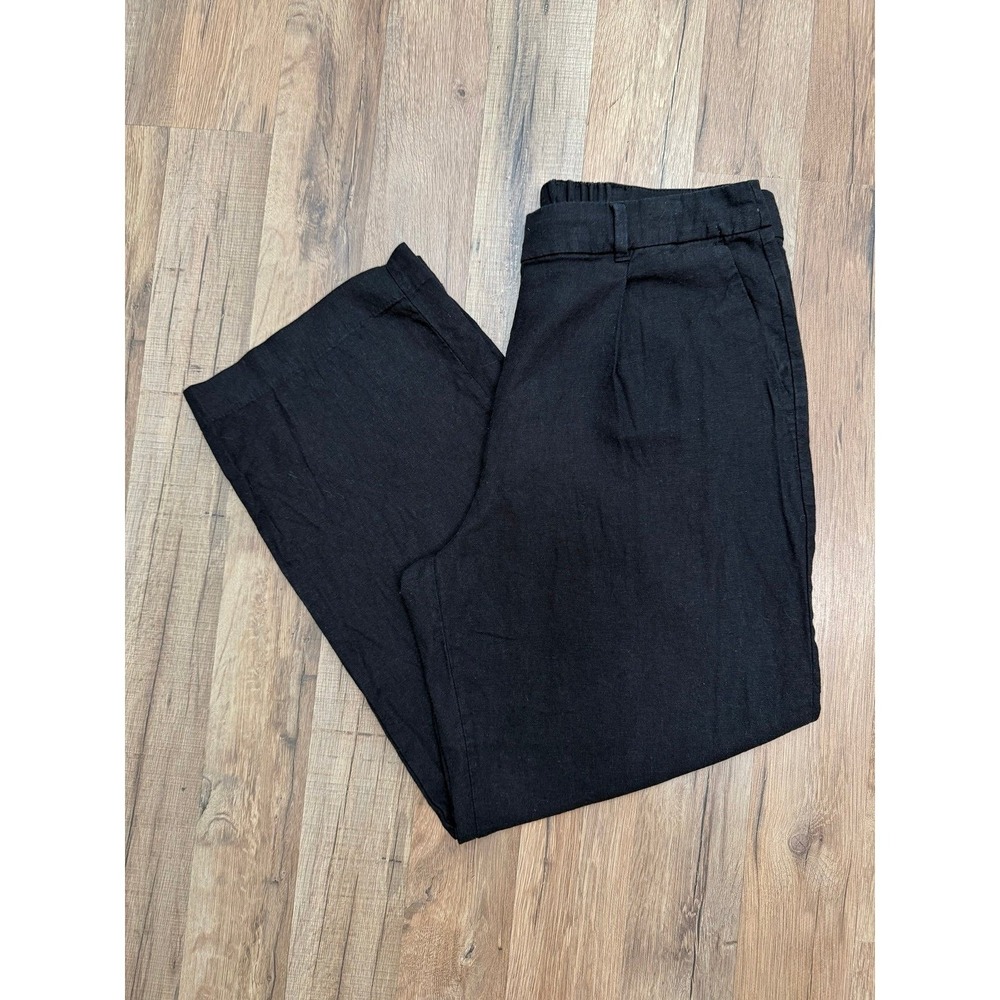 Old Navy Taylor Wide‎ Leg Linen Pants Women L Black High Rise Elastic Waist